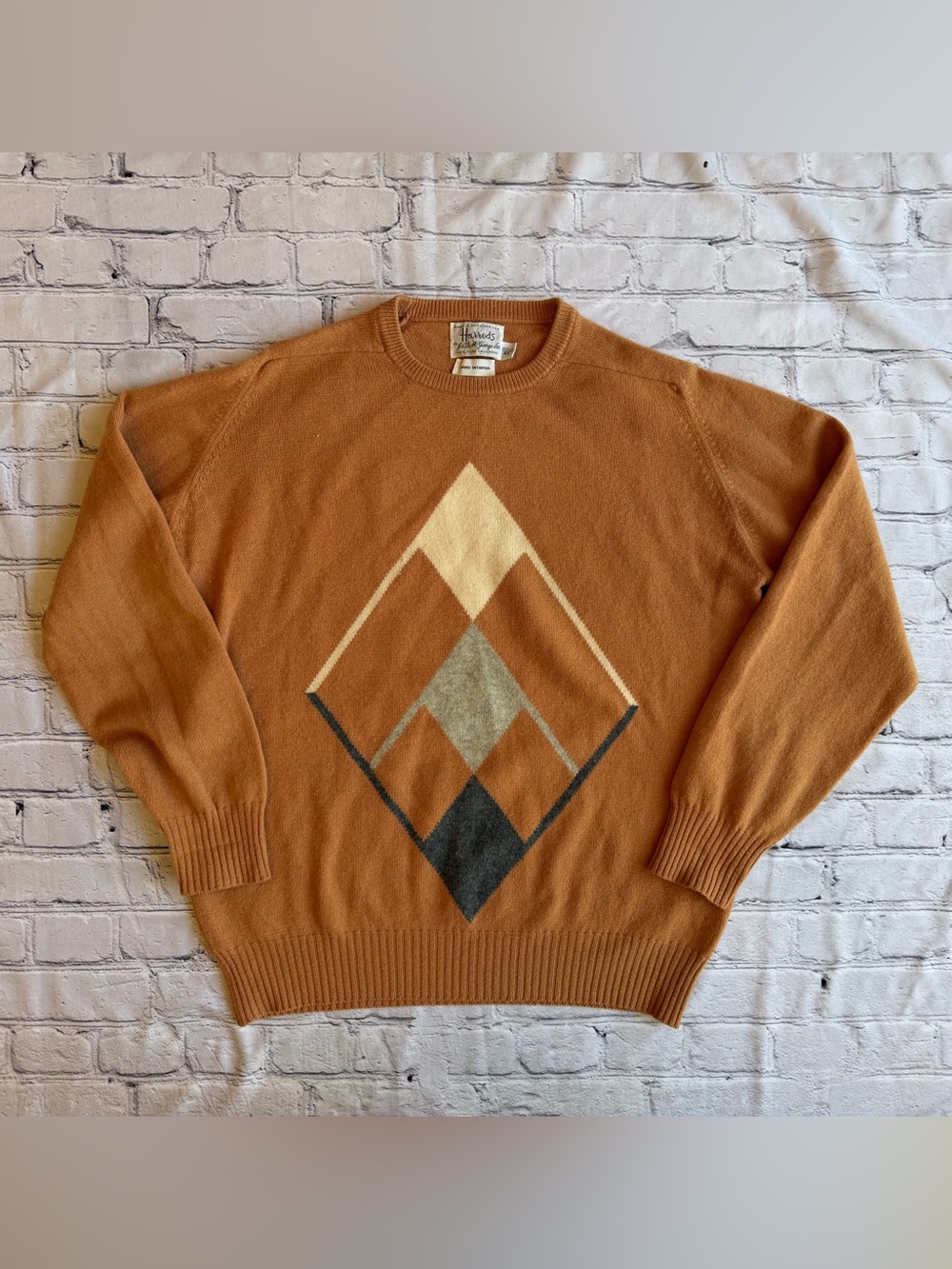 Vintage 1980s Harrod's Mens Cashmere Argyle Sweater Made In Scotland JD Mcgeorge